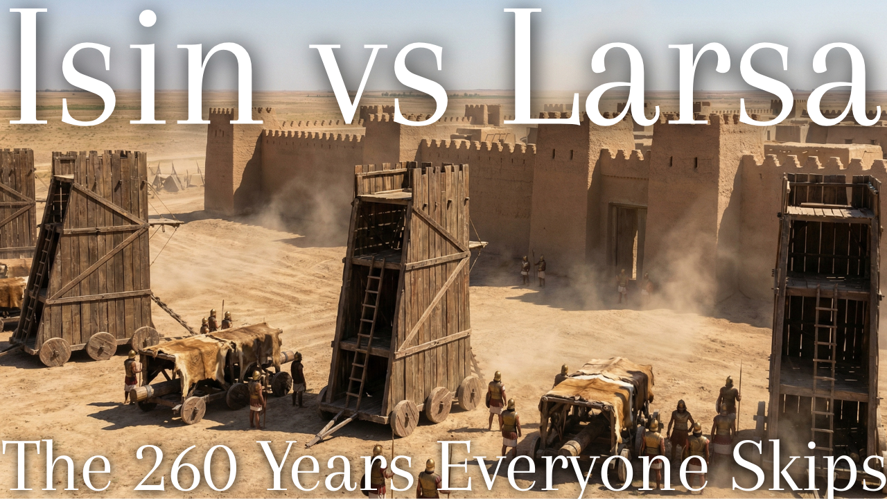 Isin vs Larsa — The 260 Years Everyone Skips: siege towers outside an ancient Mesopotamian city