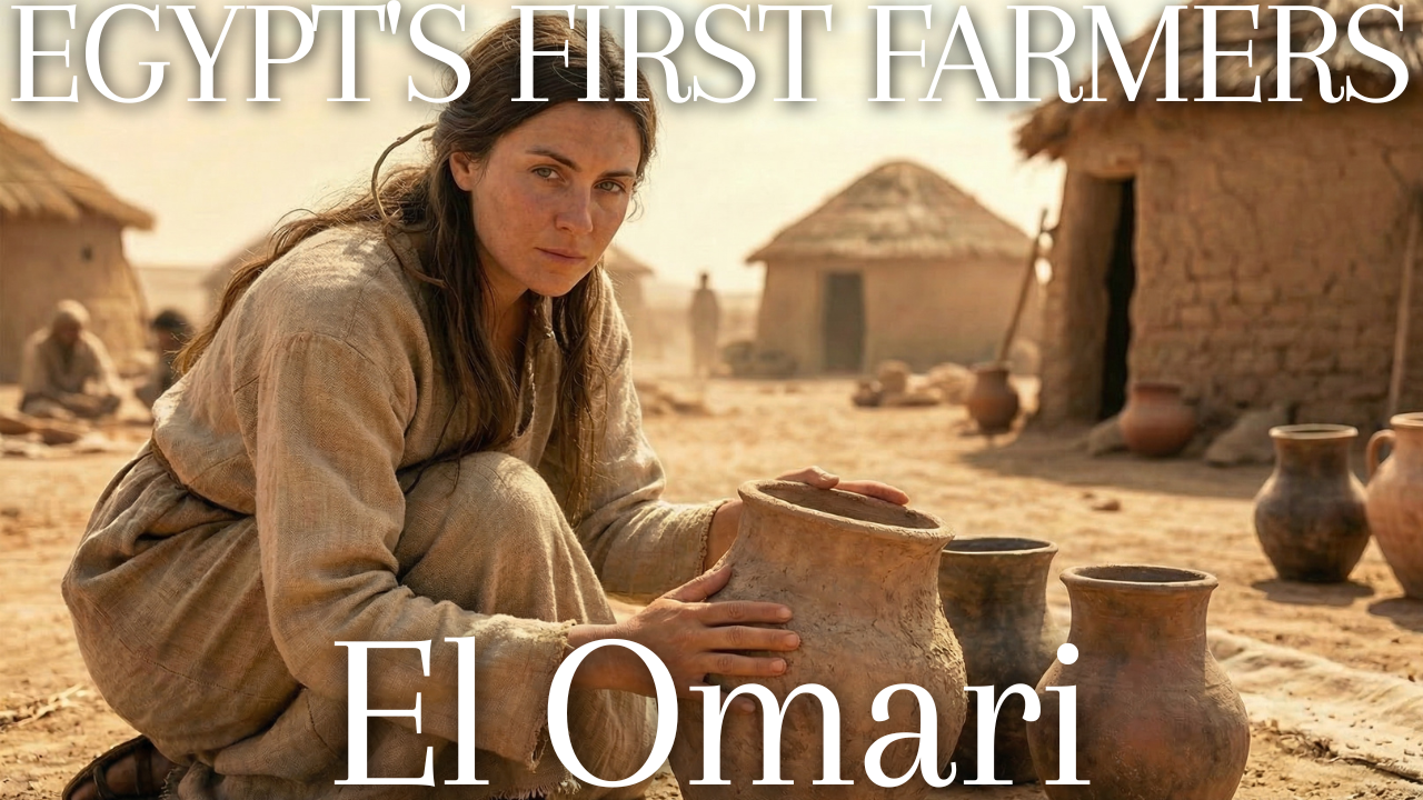 El Omari Culture — Egypt’s first farmers, with a woman holding a clay pot in a Neolithic village